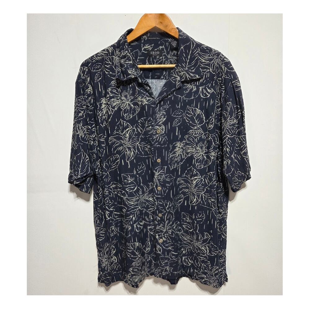 IZOD Golf Men's Silk Blend Navy Blue and Cream Hawaiian Button Down Shirt XL
